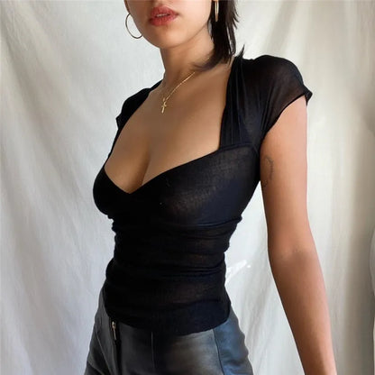 Xeemilo Sexy Square-neck Backless Black T-shirt Y2K Aesthetic Mesh Sheer Hollow Out Crop Top Summer Streetwear Short Sleeve Tees