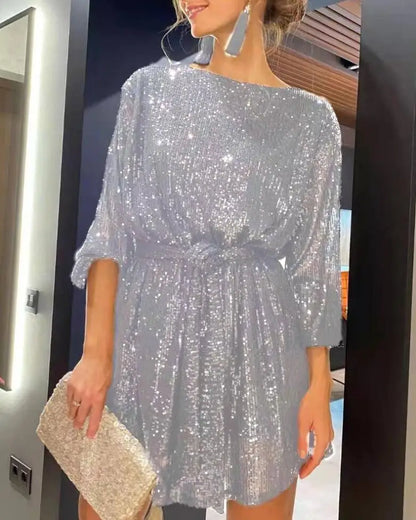 Solid Color Festival Party Shiny Crystal Beads Long Sleeve Round Neck Dress,8 Colors