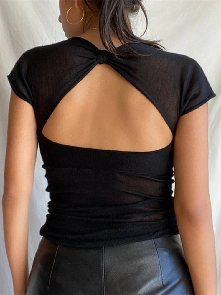 Cryptographic Square Collar Summer Sexy Backless Tops for Women Cropped Short Sleeve Elegant Top Tees Skinny Streetwear Clothes