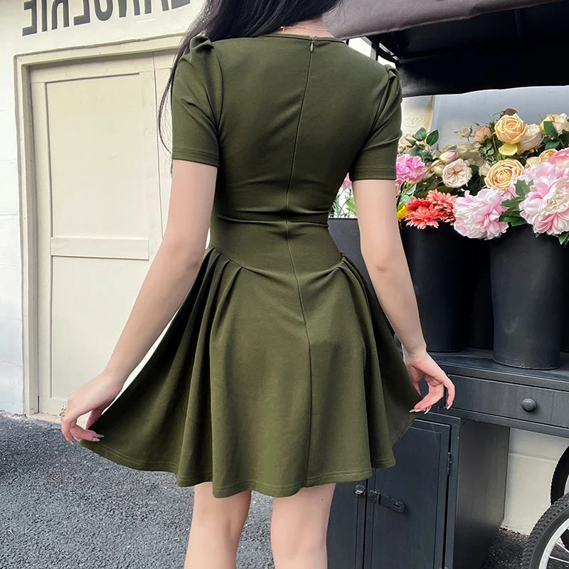 Women's Short Dresses New Top Pure Color Casual Temperament Elegant Extended Vintage Tea Break Short Sleeve Skirt