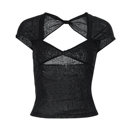 Xeemilo Sexy Square-neck Backless Black T-shirt Y2K Aesthetic Mesh Sheer Hollow Out Crop Top Summer Streetwear Short Sleeve Tees