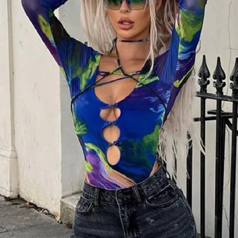 Xeemilo-Body ahuecado estético Tie-dye, corpiño ajustado Sexy con escote en V profundo, monos de manga larga para Fiesta y Club de otoño 2023