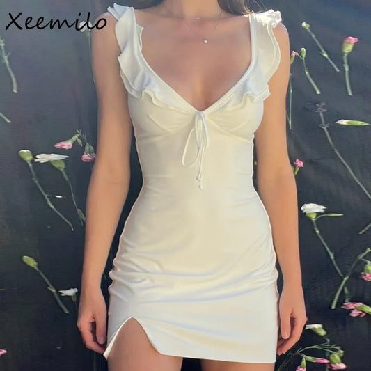 Xeemilo Solid Deep V-neck Sleeveless Dress 2022 Summer Elegant Women Ruffles Split Mini Dresses Sexy Slim Party Clubwear Vestido