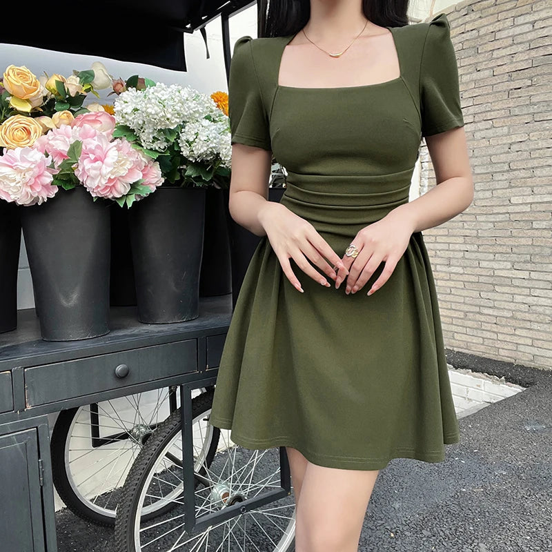 Women's Short Dresses New Top Pure Color Casual Temperament Elegant Extended Vintage Tea Break Short Sleeve Skirt