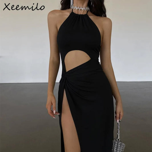 Xeemilo Sexy soirée de bal noir Robe longue taille élégante évider haute fente robes d'été mode dos nu à lacets femmes Robe