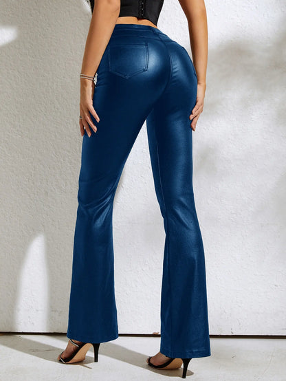 Pantalon en cuir PU à jambes évasées pour femmes, mode élégante de rue, taille haute, élastique, Slim, droit, 2023