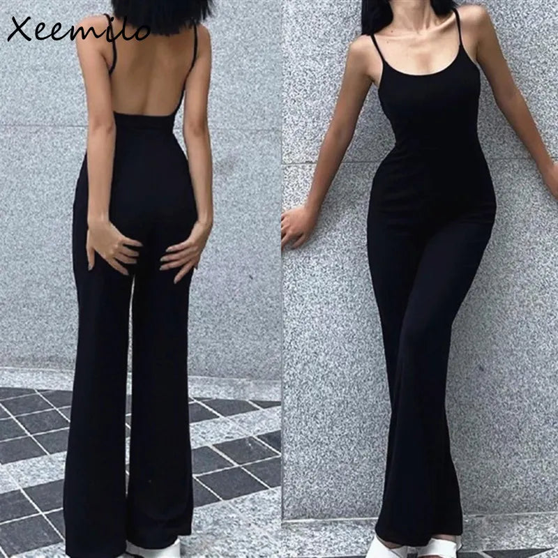 Xeemilo Sexy dos nu Spaghetti sangle combinaison femme été noir maigre moulante body pantalon vacances dames combinaisons décontractées