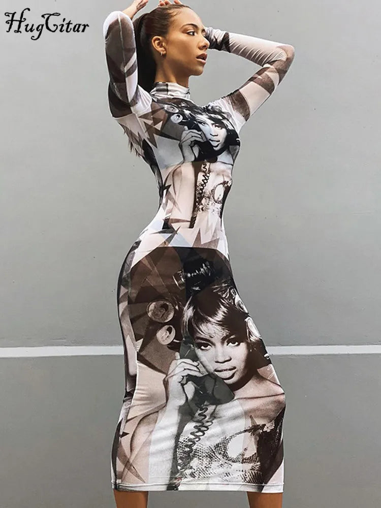 Hugcitar – robe mi-longue à col roulé et manches longues, en maille imprimée, Sexy, transparente, Slim, mode d'été Y2K, vêtements de fête, Streetwear, 2023