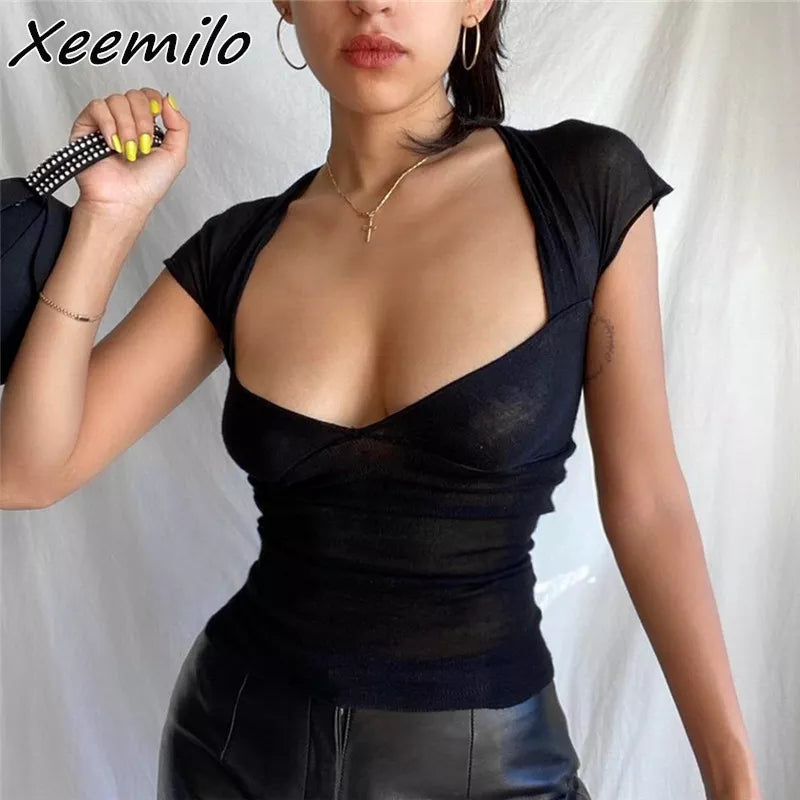 Xeemilo-Camiseta negra con cuello cuadrado y Espalda descubierta, Top estético transparente Y2K, Top corto con apertura, ropa de calle de verano, camisetas de manga corta