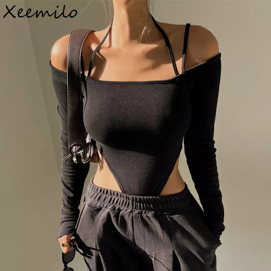 Xeemilo Sexy épaules nues licou body esthétique bretelles Spaghetti à manches longues t-shirt femmes coupe ajustée fête Clubwear body