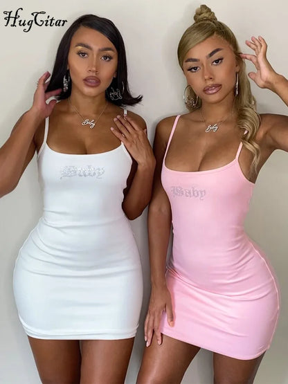 Hugcitar Pink Slip Sequined Letter Print Sexy Mini Dress 2023 Summer Women Fashion Streetwear Stretchy Y2K Outfits Romper