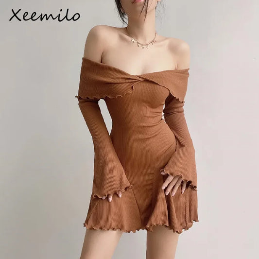 Xeemilo Sexy Low-cut Off Shoulder Dress Elegant Flare Long Sleeve Twist Knot Mini Dresses Y2K Aesthetic Agaric Edge Knit Vestido