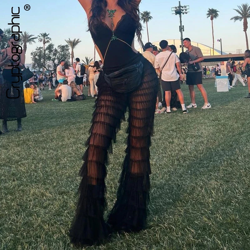 Pantalon évasé en maille transparente à plusieurs niveaux, tenues de Festival Rave pour femmes, pantalon Sexy d'halloween, bas de Streetwear