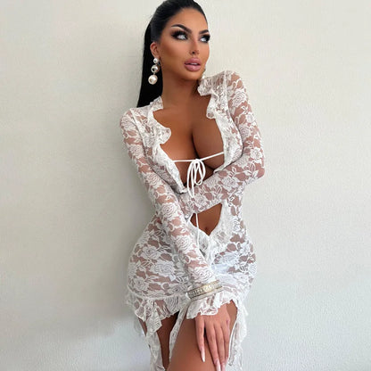 Cryptographic Fashion Lace Trim Sheer Tie Front Mini Dress Long Sleeve Fringe Outfits for Women Club Party Sexy Bodycon Dresses