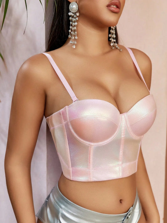 2023 New Women's Festival Holographic Flash Baby Pink Fishbone Details Back Buckle Bustier Crop Corset Cami Strap Top