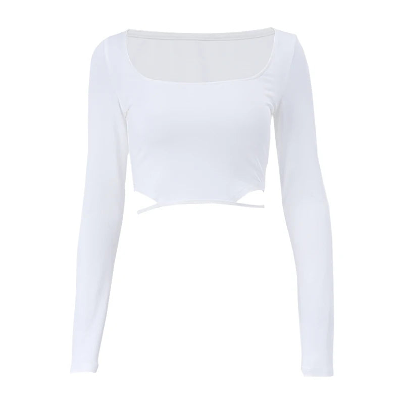 Xeemilo-Camiseta lisa con cuello cuadrado Y2K, Tops cortos calados de manga larga para mujer, ropa de calle alta de moda de verano, camisetas ajustadas informales