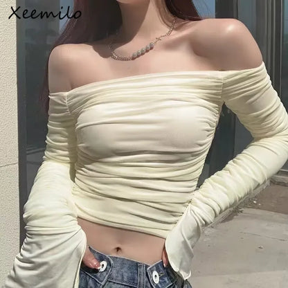 Xeemilo maille froncé à manches longues t-shirt Sexy épaules nues moulante femmes Streetwear culture hauts 2023 été solide élégant T-shirts