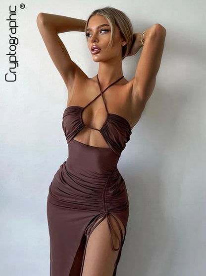 Criptográfico caliente verano Sexy cuello Halter con espalda descubierta sin mangas recortado Maxi Vestido para mujeres elegante Club fiesta vestidos con aberturas Vestido