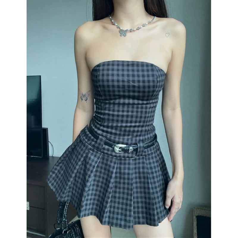 Xeemilo Vintage Plaid Print Tube Dress Sexy Gentle Slash-neck Pleated Mini Dresses 2023 Fashion Off Shoulder Backless Vestidos