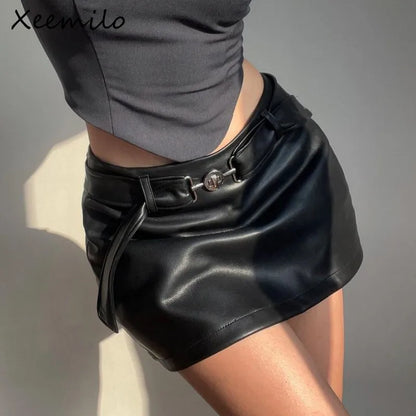 WhereMery Y2K Chic Leather Short Skirt Women Belt Metal Ring Button Mini Skirt Gothic Vintage Lady Fashion Clubweear Clothes