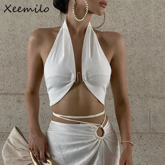 Xeemilo-Camiseta sin mangas con cuello Halter para mujer, Top Sexy sin breteles, Top corto con espalda al aire, ajustado, camisola de fiesta callejera para mujer