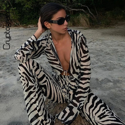 Cryptographic Animal Print Mesh Sheer Stripe Tie Front Detail Top Matching Sets Fashion Outfits 2 Piece Sets Holiday Beachwear