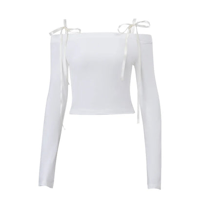 Xeemilo Casual Off Shoulder Crop Tops Y2K Solid Bow Lace Up Long Sleeve T Shirt Elegant Slash-neck Stretchy Women's T-shirt 2023