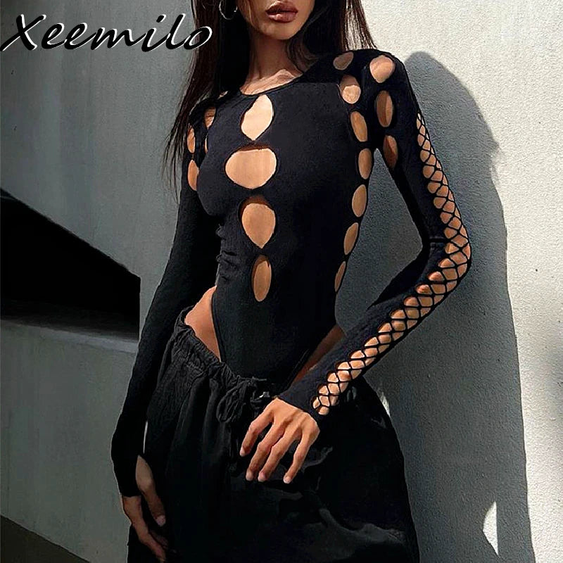 Xeemilo Sexy Dot évider body Y2K gothique Punk manches longues moulante T-shirt femmes automne Streetwear mince corsage body