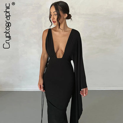 Cryptographic Fashion Draped Deep V Sexy Backless Maxi Dresses Party Club Women Elegant One Shoulder Gown Slip Dresses Ruched