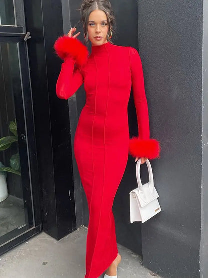 Cryptographic Fur Feathers Long Sleeve Maxi Dress Elegant Outfits for Women Sexy Backless Red Gown Dresses Robe Party Clothes