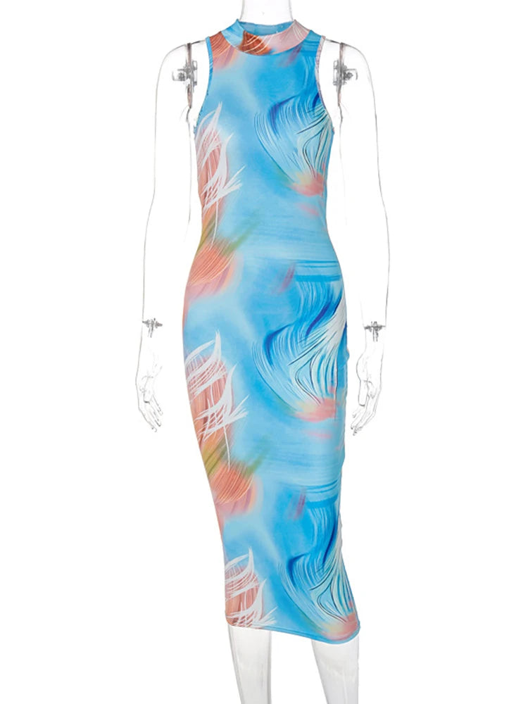 Hugcitar Tie Dye cuello redondo sin mangas espalda descubierta Sexy ceñido al cuerpo vestido Midi con abertura 2023 verano Mujer ropa de moda Y2K Streetwear fiesta