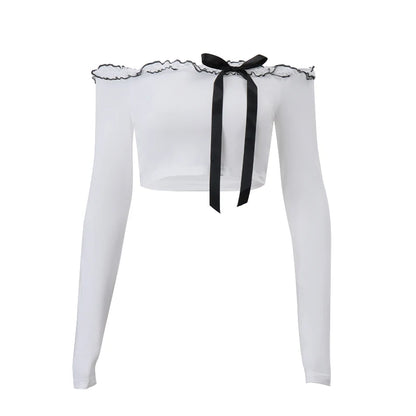 Xeemilo Y2K Ruffles Slash-neck Tshirt Spring Autumn Aesthetic Bow Lace Up Long Sleeve Crop Tops Women Fashion Skinny Slim Tees