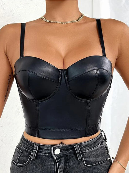 Sexy Stretch Solid PU Aspecto de cuero Bustier Crop Corset Top Party Clubwear Body Shaper