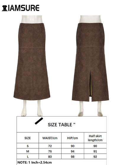 IAMSURE Elegant Fashion Pu Leather Split Skirt Vintage Slim Low-Waisted Maxi Skirts Women 2023 Autumn Spring Ladies Streetwear