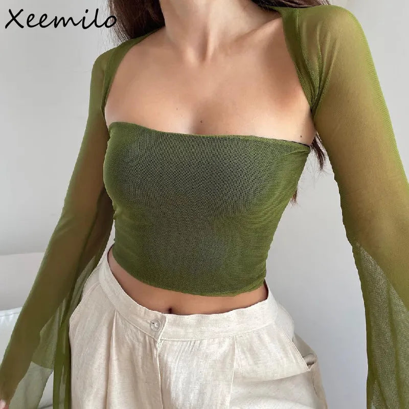 Xeemilo-Conjunto de 2 piezas de estética Vintage para mujer, camiseta sin tirantes verde con malla Sexy transparente acampanada, chal de manga larga, traje de calle