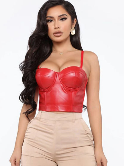 Sexy Stretch Solid PU Aspecto de cuero Bustier Crop Corset Top Party Clubwear Body Shaper