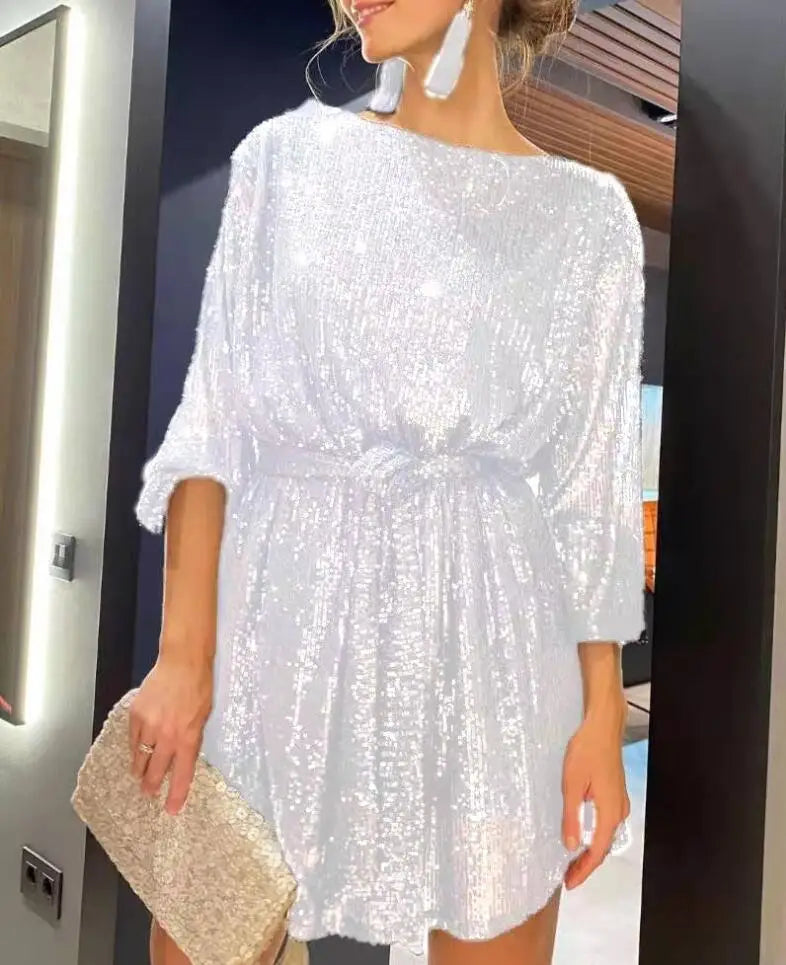 Solid Color Festival Party Shiny Crystal Beads Long Sleeve Round Neck Dress,8 Colors