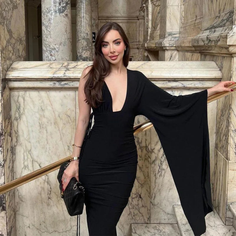 Cryptographic Fashion Draped Deep V Sexy Backless Maxi Dresses Party Club Women Elegant One Shoulder Gown Slip Dresses Ruched