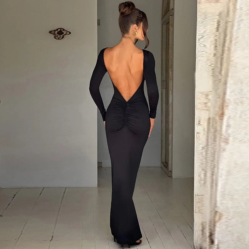 Cryptographic Elegant Open Back Ruched Sexy Bodycon Maxi Dress Birthday Outfits for Women Long Sleeve Dresses Gown Club Party