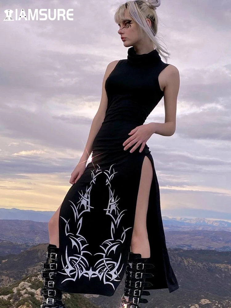 IAMSURE Dark Split Side Summer Dress Gothic Sexy Slim Turtleneck Sleeeveless Long Dresses For Women 2021 Party Night Club Wear