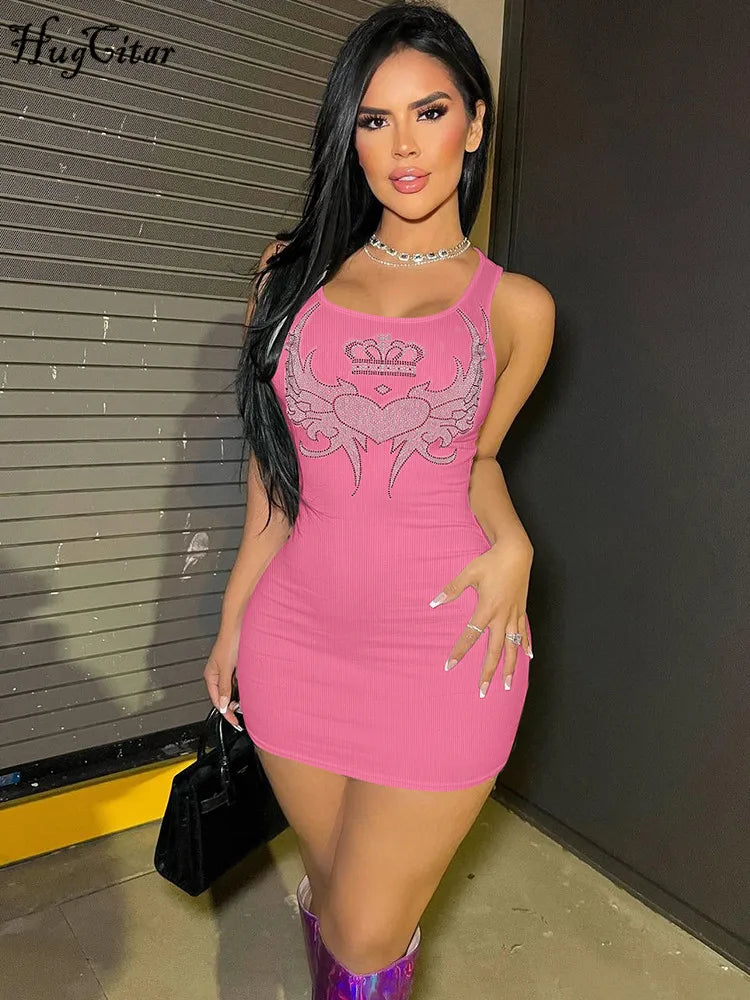 Hugcitar Pink Sleeveless Sequined Graphic Elegant Sexy Slim Mini Dress Summer Women Y2K Cute Clothes Birthday Party Streetwear