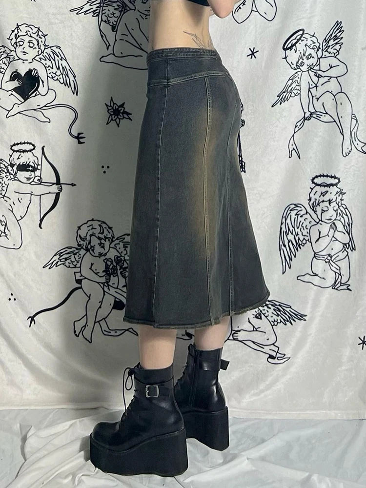 IAMSURE Vintage Embroidery Split Denim Skirt Casual Streetwear Mid-Waisted Midi Skirts Women 2023 Autumn Winter Fashion Ladies