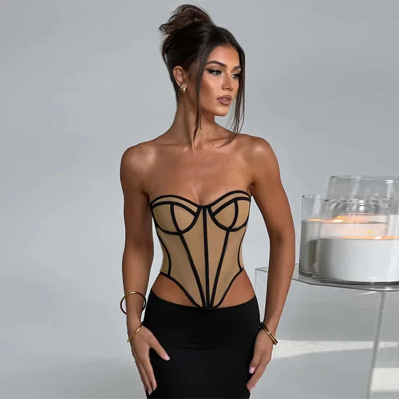 Women's Elegant Summer Plunge Women 2024 New Temperament Slim Hipster Hottie Sexy Slim Line Clash Color Corset Top Women