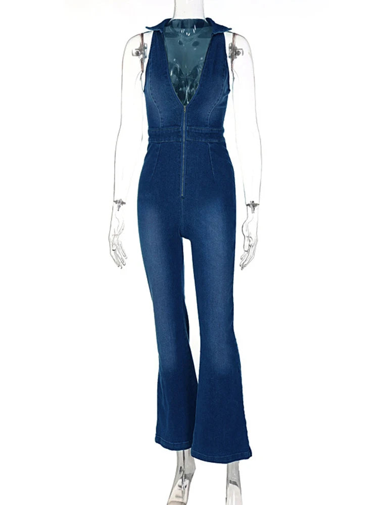 Hugcitar Denim Jumpsuit V Neck Zipper Bell Sleeveless Sexy Outifts Elegant Backpacker  Party Summer 2023