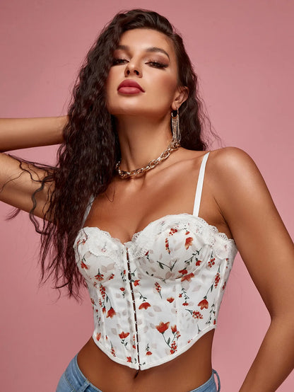 2023 Sexy Women Sweet Floral Print Fishbone Detail Cami Cropped Top Curved Hem Tie Back Shapewear Clubwear