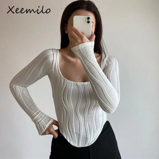 Xeemilo White Texture Long Sleeve T Shirts Aesthetic Square Neck Slim Basic Crop Top 2022 New Women Street Casual Harajuku Tops