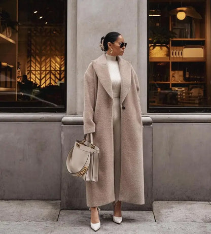 Autumn And Winter Long Sleeved Lapel Plush Solid Color Long Coat For Women