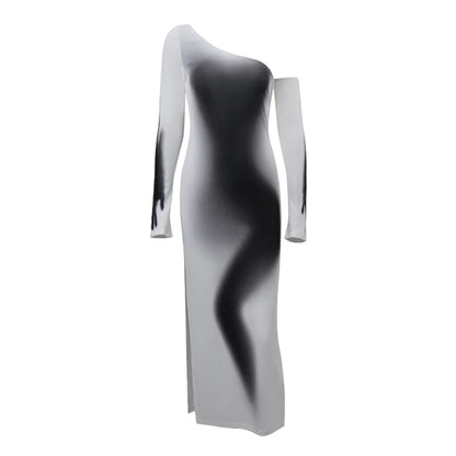 Xeemilo Dress Sexy Oblique Collar Split Women Skinny Tie Dye Long Sleeve Maxi Dresses Temperament Evening Party Elegant Gown