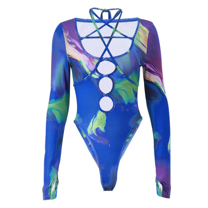 Xeemilo Aesthetic Tie-dye Hollowed Bodysuit Sexy Deep V-neck Bandage Bodycon Bodice 2023 Autumn Party Club Long Sleeve Bodysuits