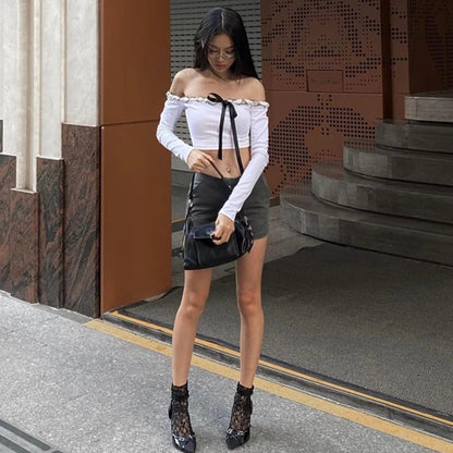 Xeemilo Y2K Ruffles Slash-neck Tshirt Spring Autumn Aesthetic Bow Lace Up Long Sleeve Crop Tops Women Fashion Skinny Slim Tees